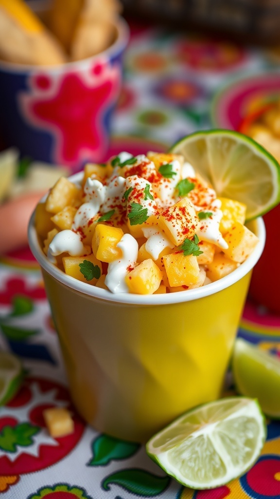 A cup of Mexican street corn with cheese and chili powder, garnished with cilantro and lime wedges.